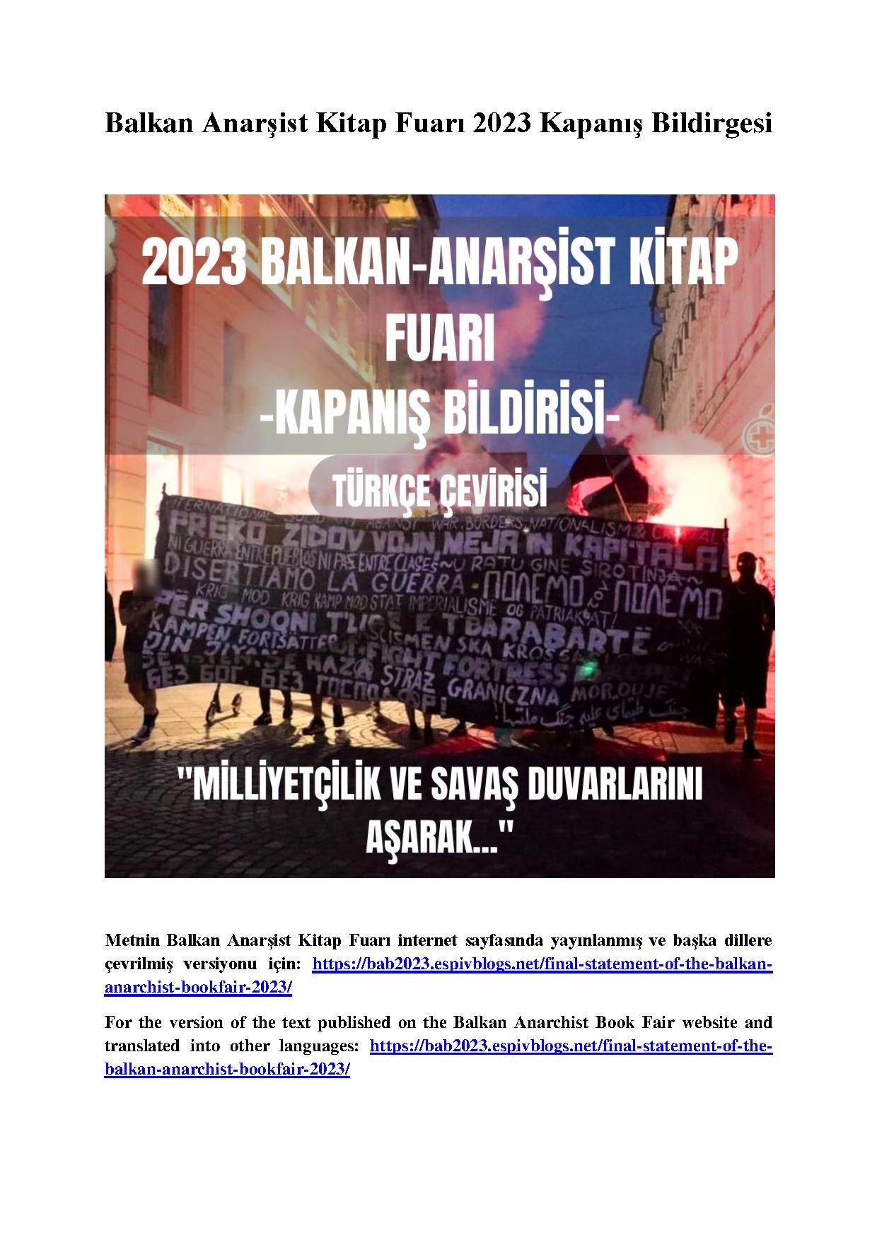 Balkan Anarşist Kitap Fuarı 2023 Kapanış Bildirgesi - Anarka